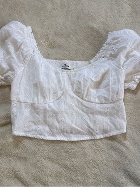 Hollister White Eyelet Puff-Sleeve Square Neck Crop Top